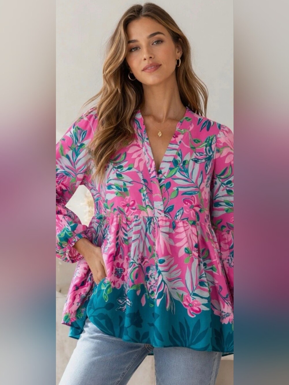 EU C Lilly Pulitzer Pink Tropical Floral V-Neck Tunic L